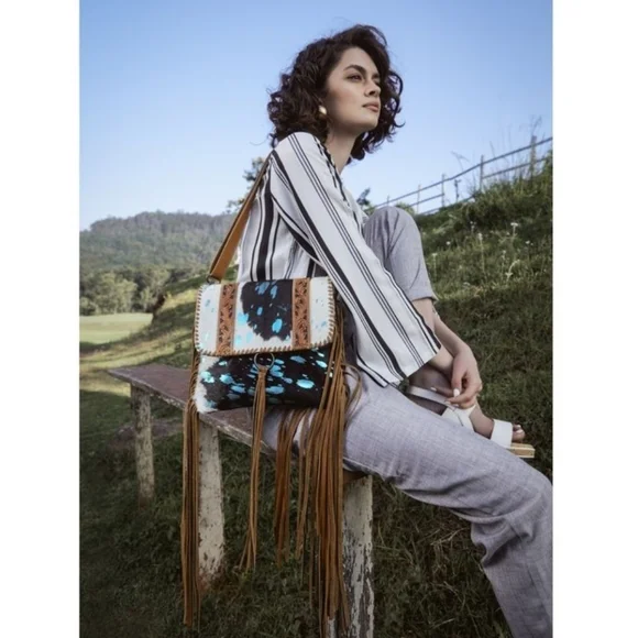 Cross Body Country Western Fringe Blue NFR Tooled Leather Bag Purse cowgirl - Picture 3 of 9